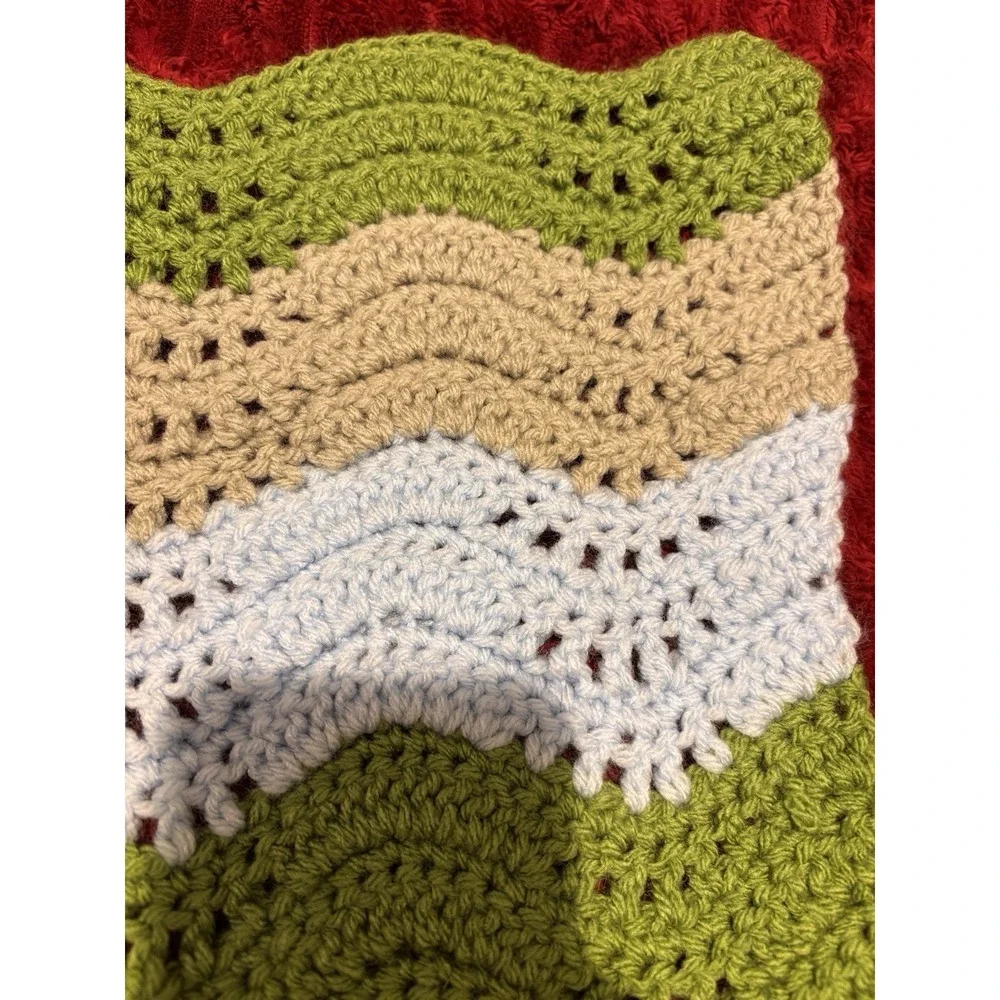 Baby Blanket Handmade Crochet Wave Stitch Green Gray Blue Stripes 25x21 Nursery